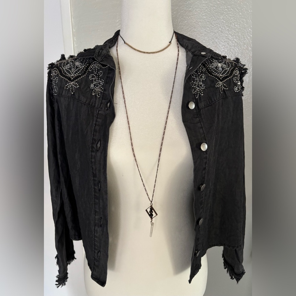 Zara Tops | Zara Grey Long Sleeve Jeweled Button Down Shirt | Color:
Gray XS
